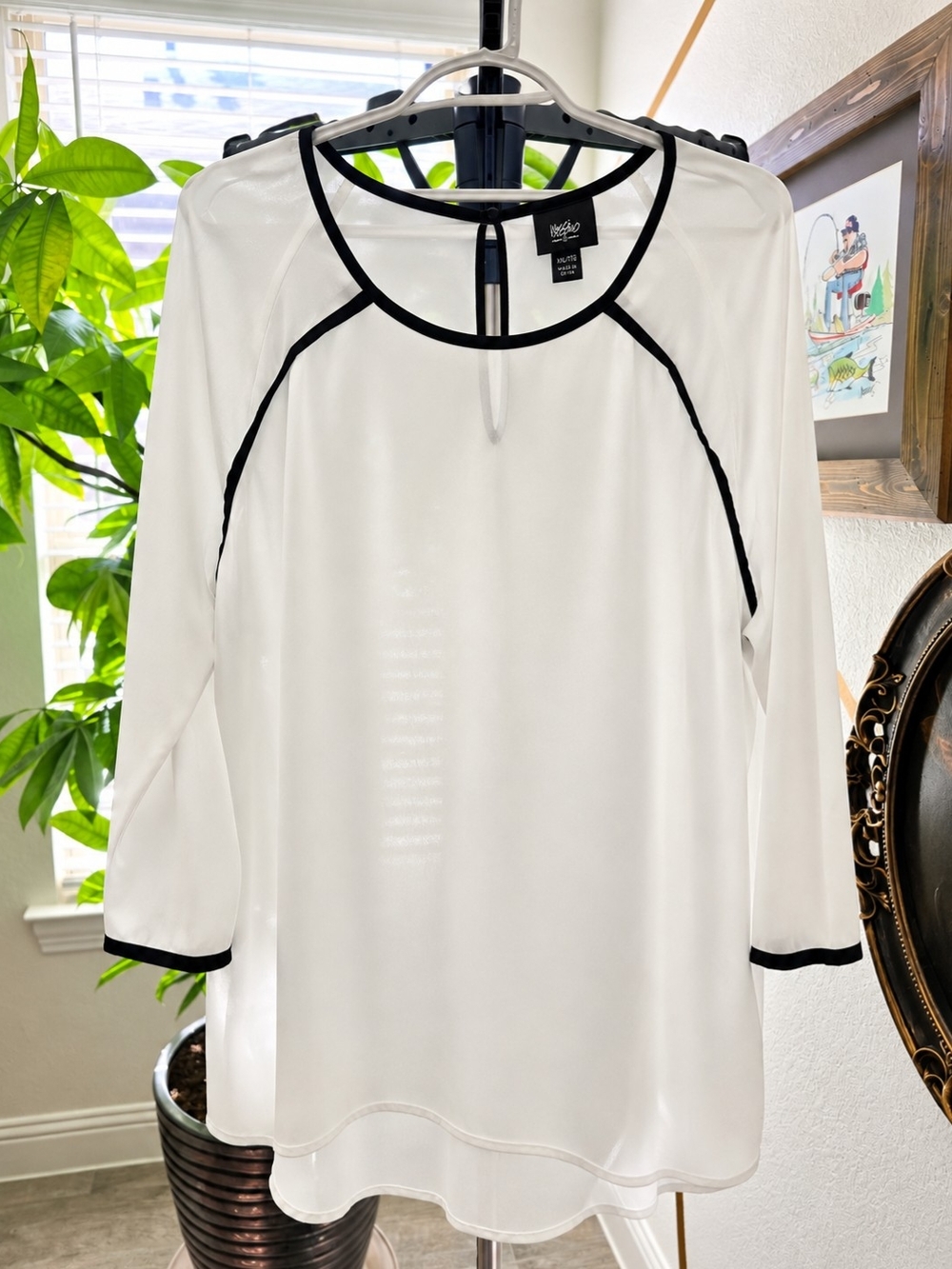 White & Black Contrast Trim Chiffon Blouse XXL – Sheer 3/4 Sleeve Tunic Top